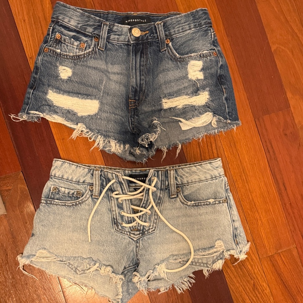 Aeropostale Women's Ripped and Lace-Up Jean Shorts - Blue